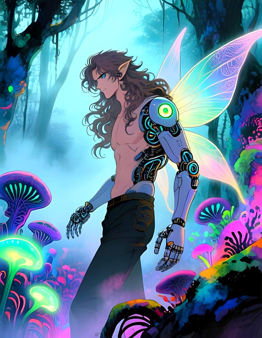 Cyborg Fairy in Bioluminescent Forest, Psychedelic Watercolo...
