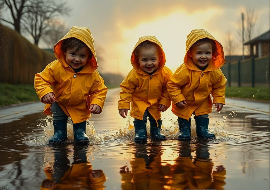 Children Playing in Rain: Photorealistic Oil Painting