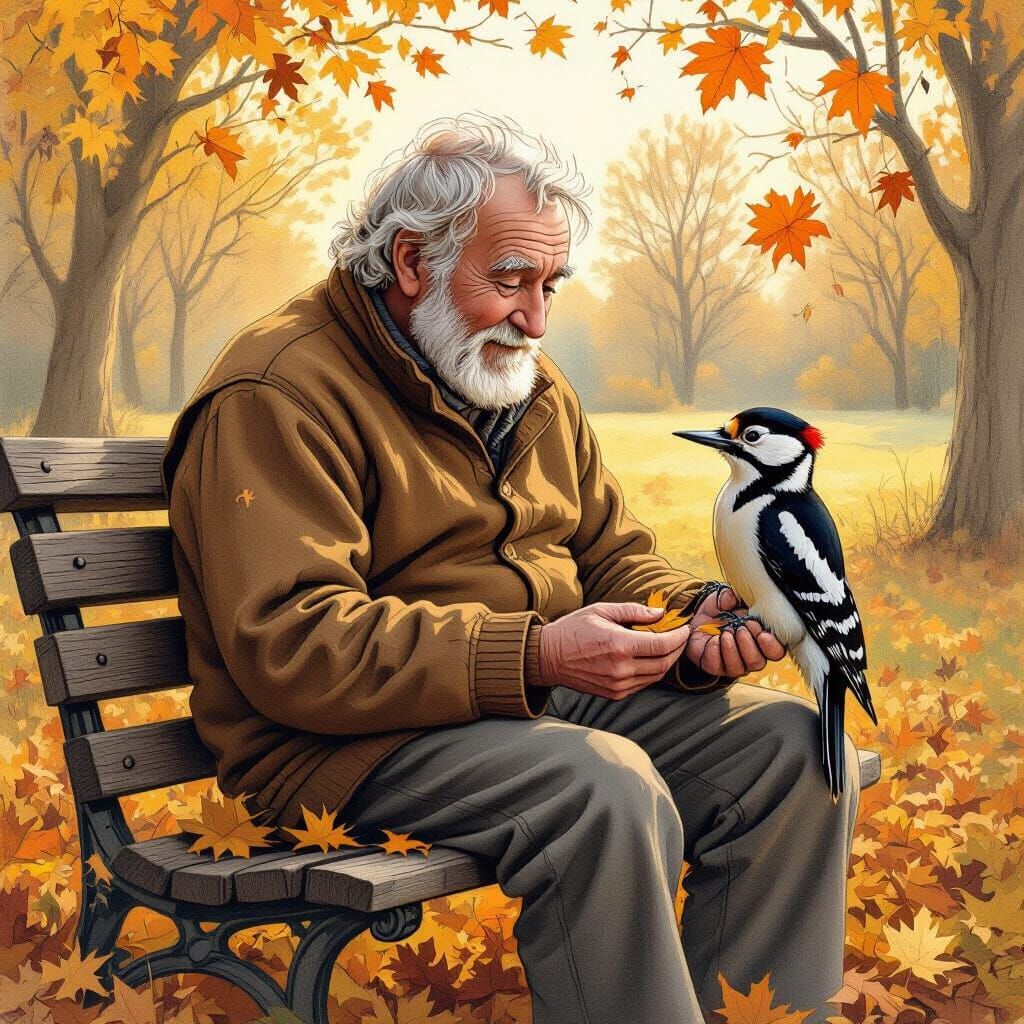 Kind Old Man Feeds Woodpecker in Autumn