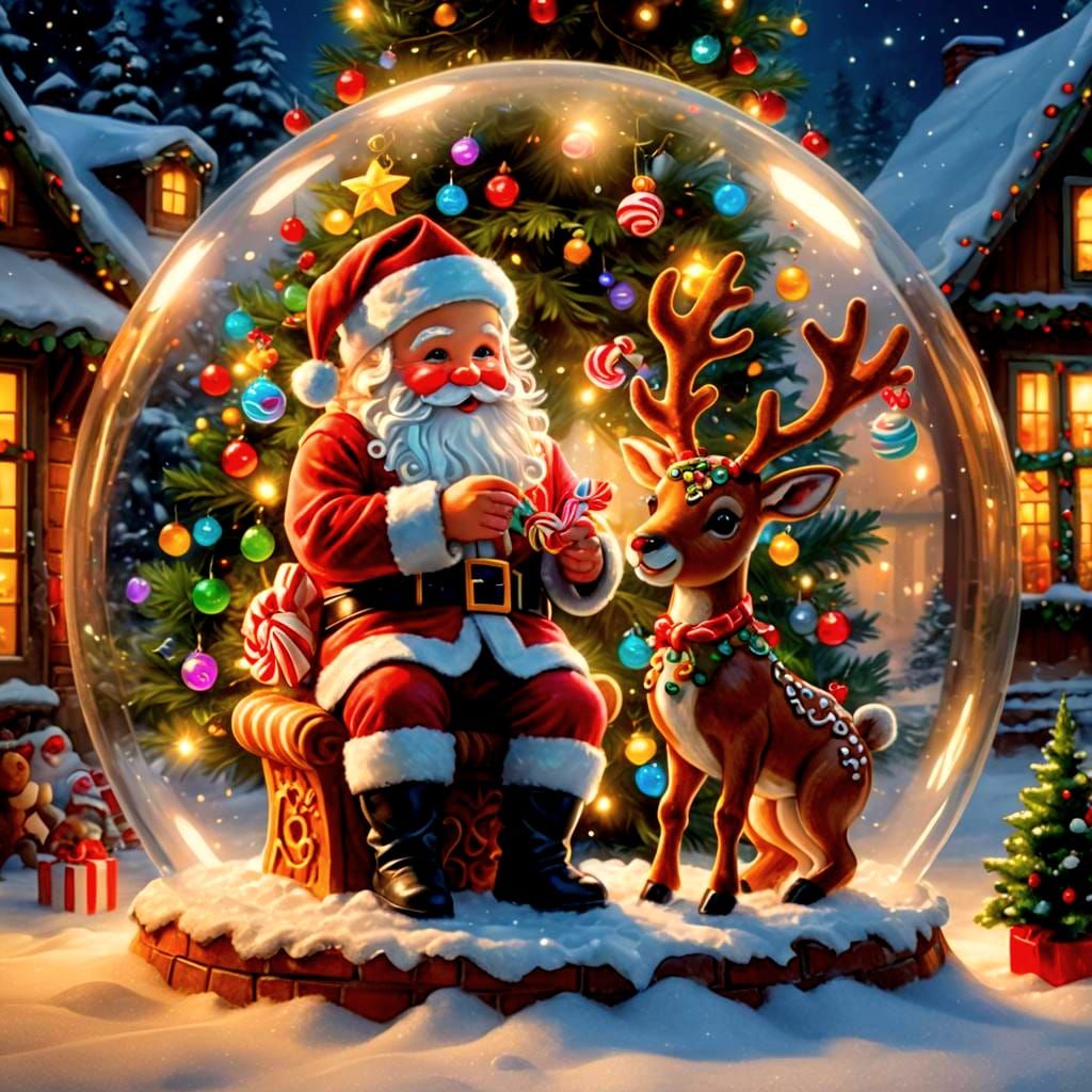 Baby Santa and Reindeer in Candyland Snow Globe