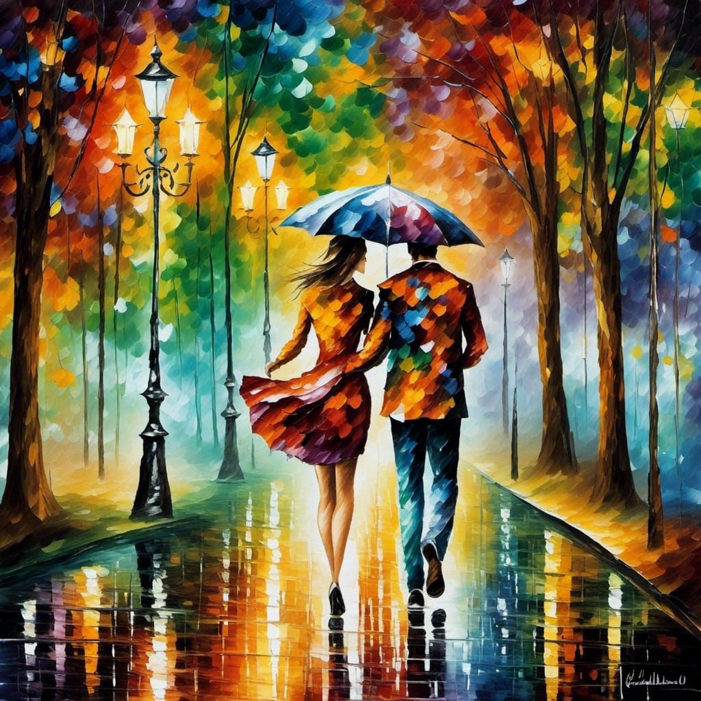 Romantic Couple in Rainy Night, Afremov Style Painting