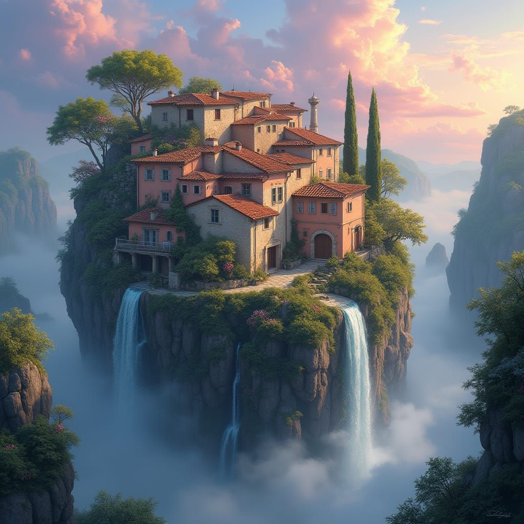 Ethereal Village on a Lush Floating Island in Whimsical Styl...