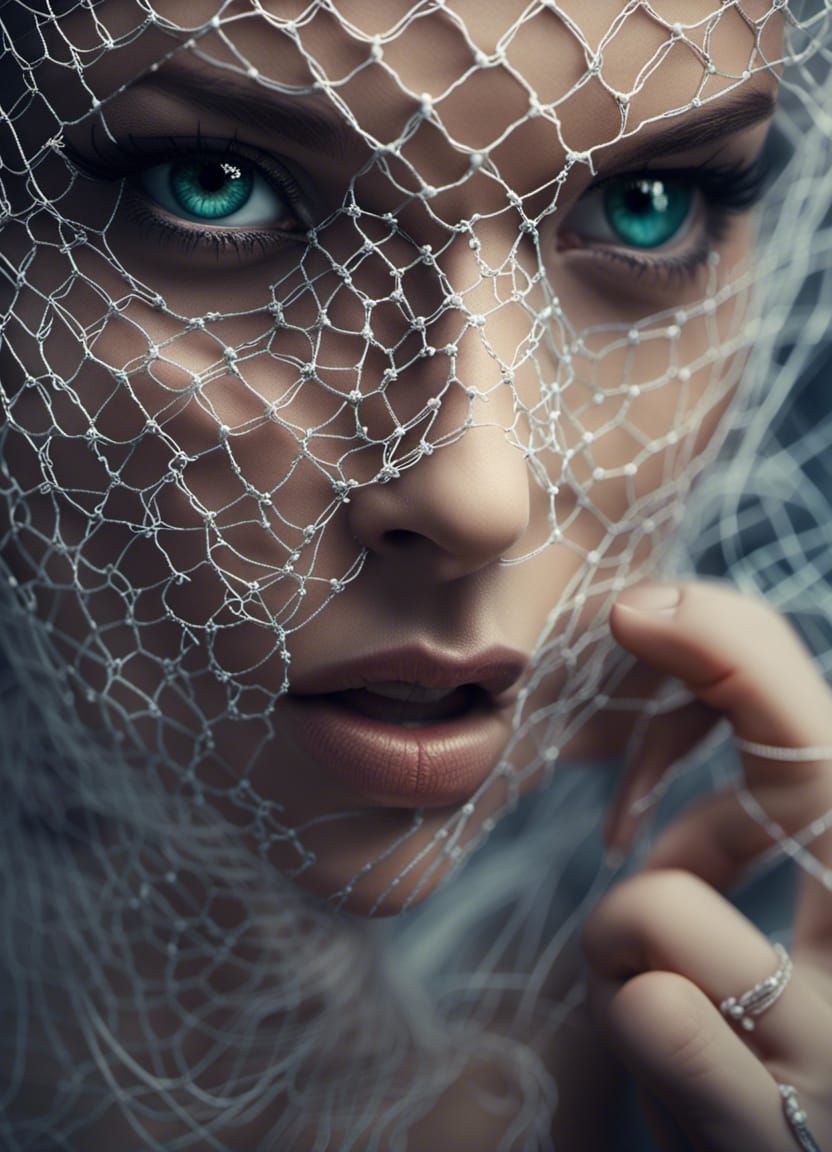 Detailed Portrait of Woman's Face Covered in Netting