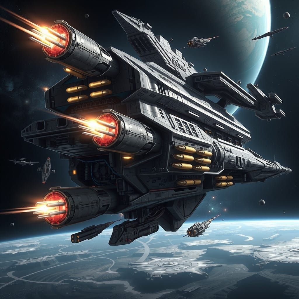 Sleek Battleship Confronts Hulking Behemoth in Epic Space Ba...