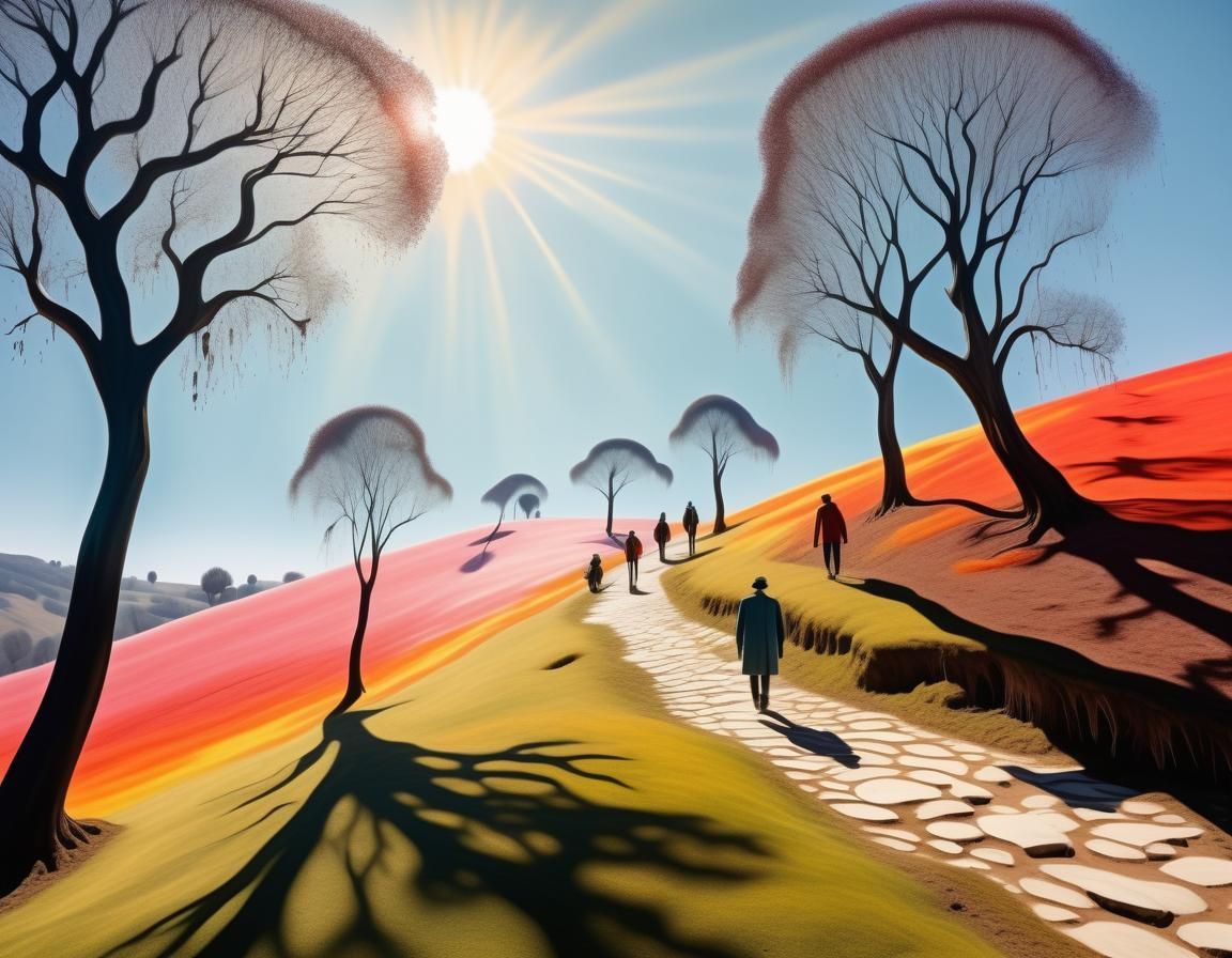 Surreal Landscape with Melting Trees in Oil Painting Style