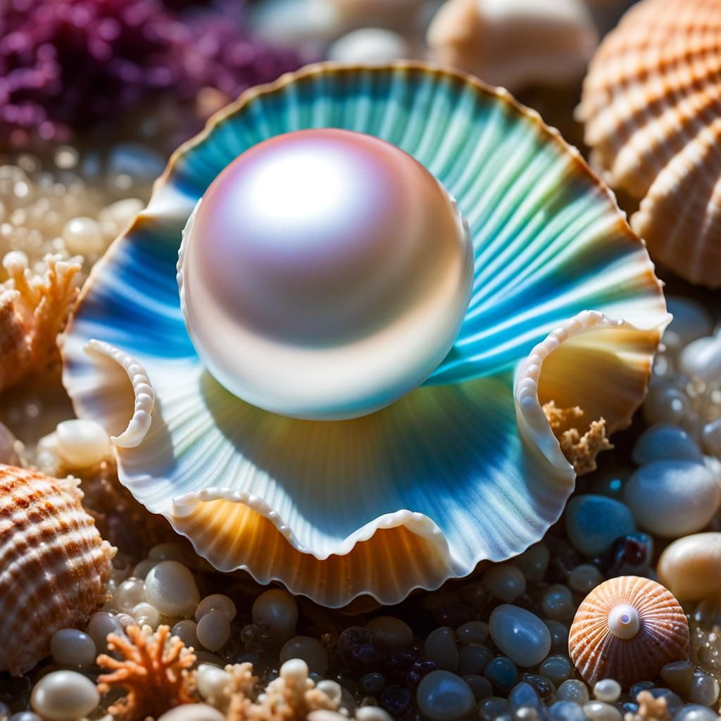 Pearl in Seashell with Marine Life