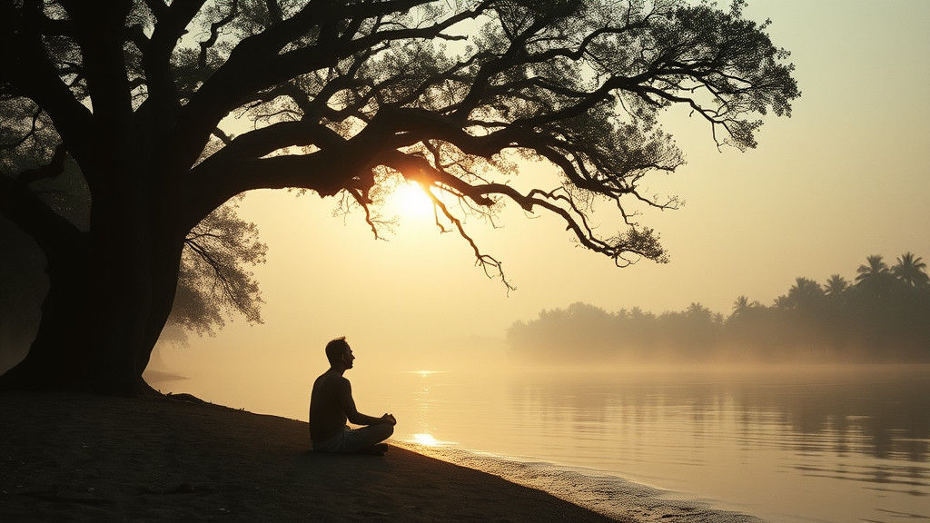 Sage Meditating at Sangam Riverbank in Film Noir Style