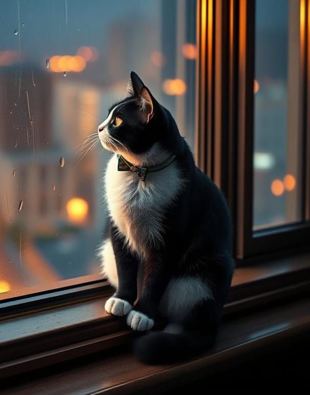 Tuxedo Cat Contemplates Rain: Detailed Matte Painting