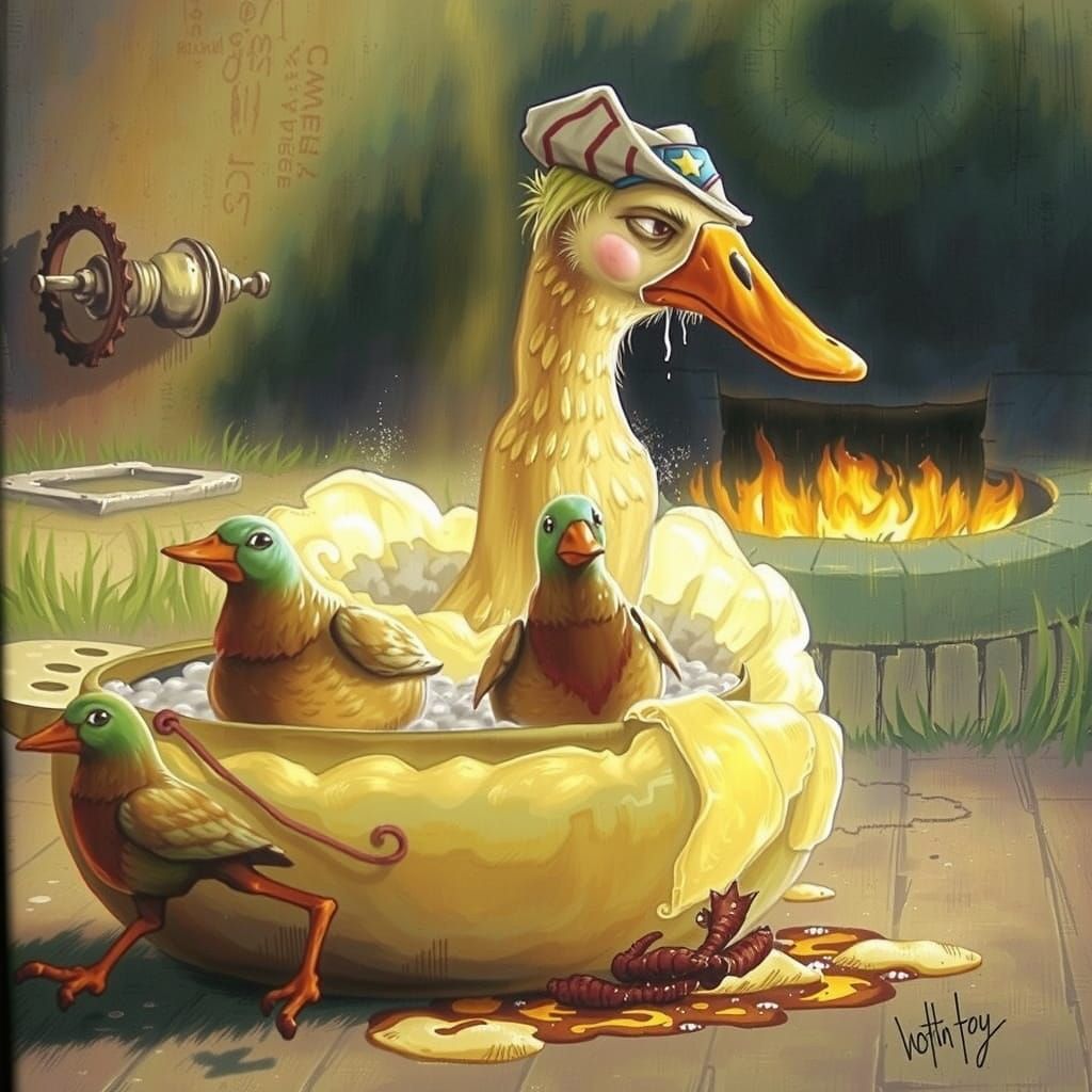 Medieval Kitchen Scene with Duck-Headed Gnome