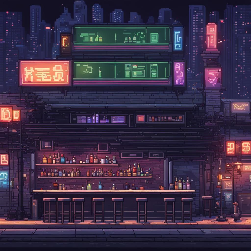 Cyberpunk City Bar in Pixel Art Style