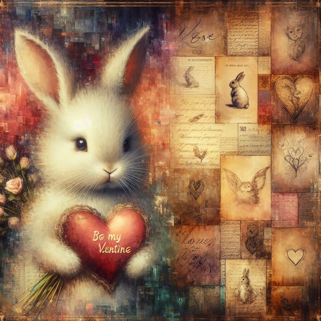 Vintage Valentine Bunny in Mixed Media