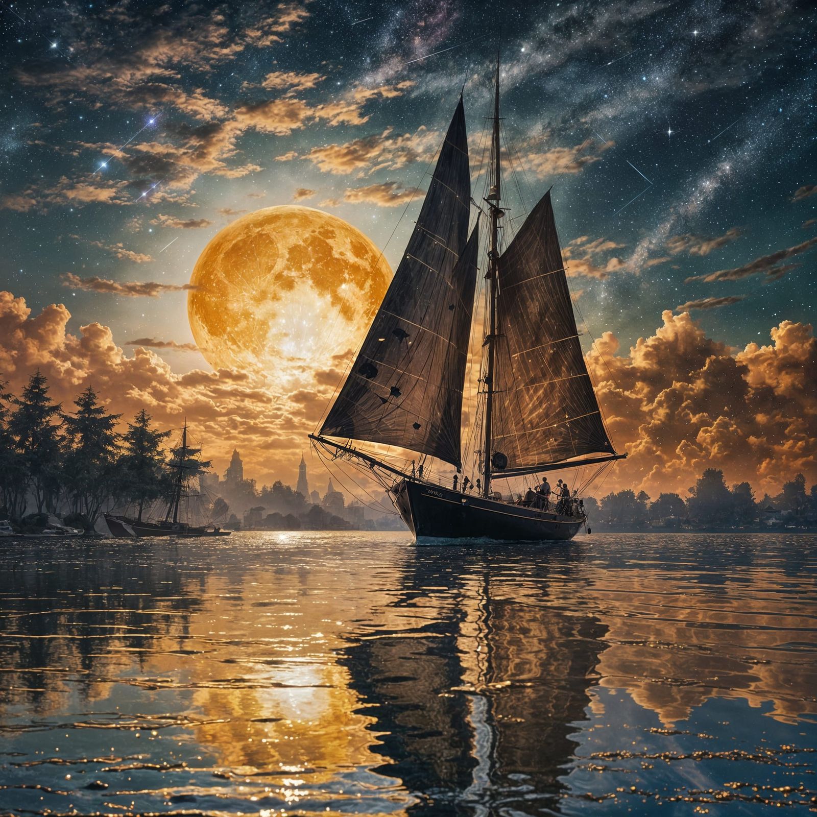 Golden Moonlit Sailboat Under Starry Night