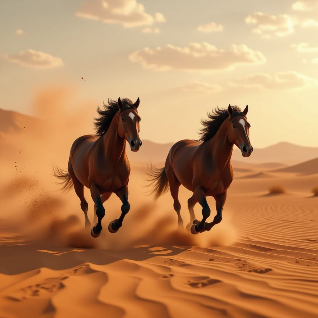 Horses Galloping on Desert Plain in Hyperrealistic 3D