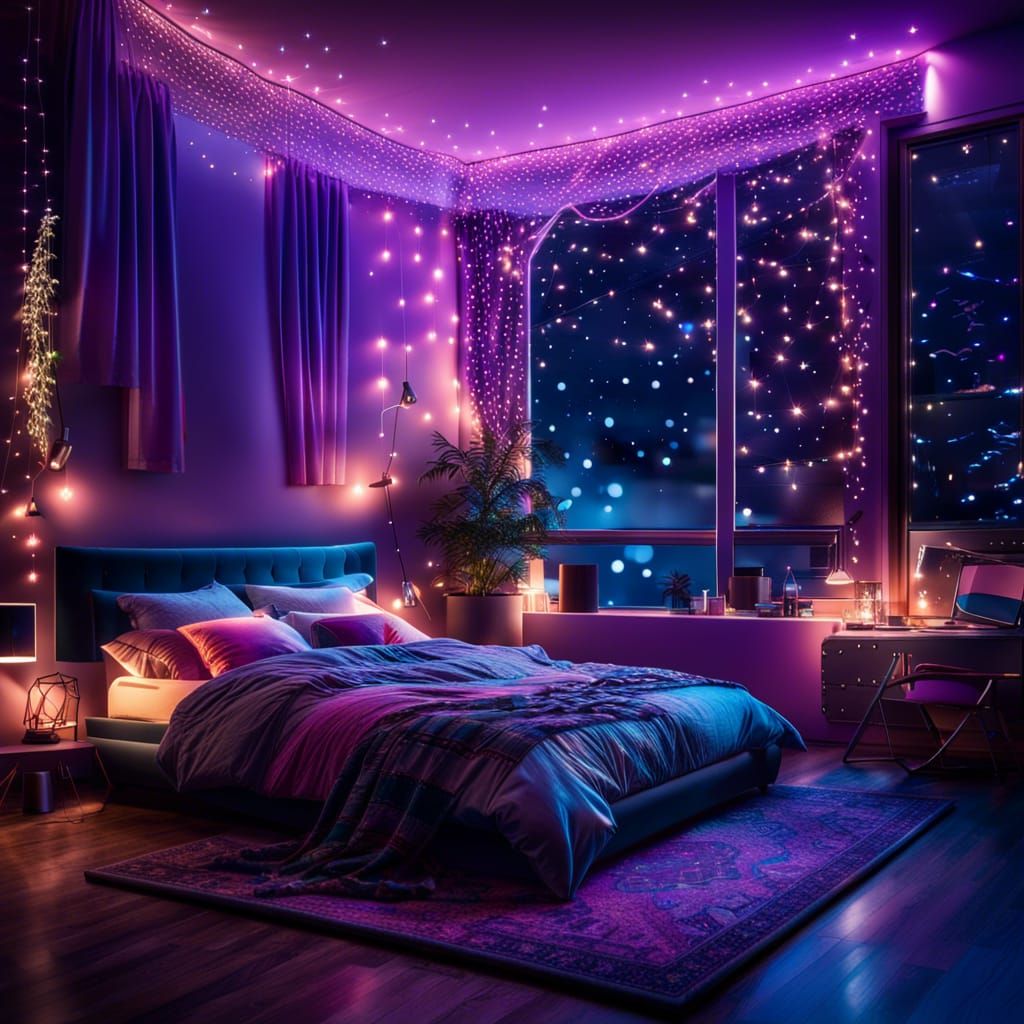 Modern Bedroom with Fairy Lights and Galaxy Colors