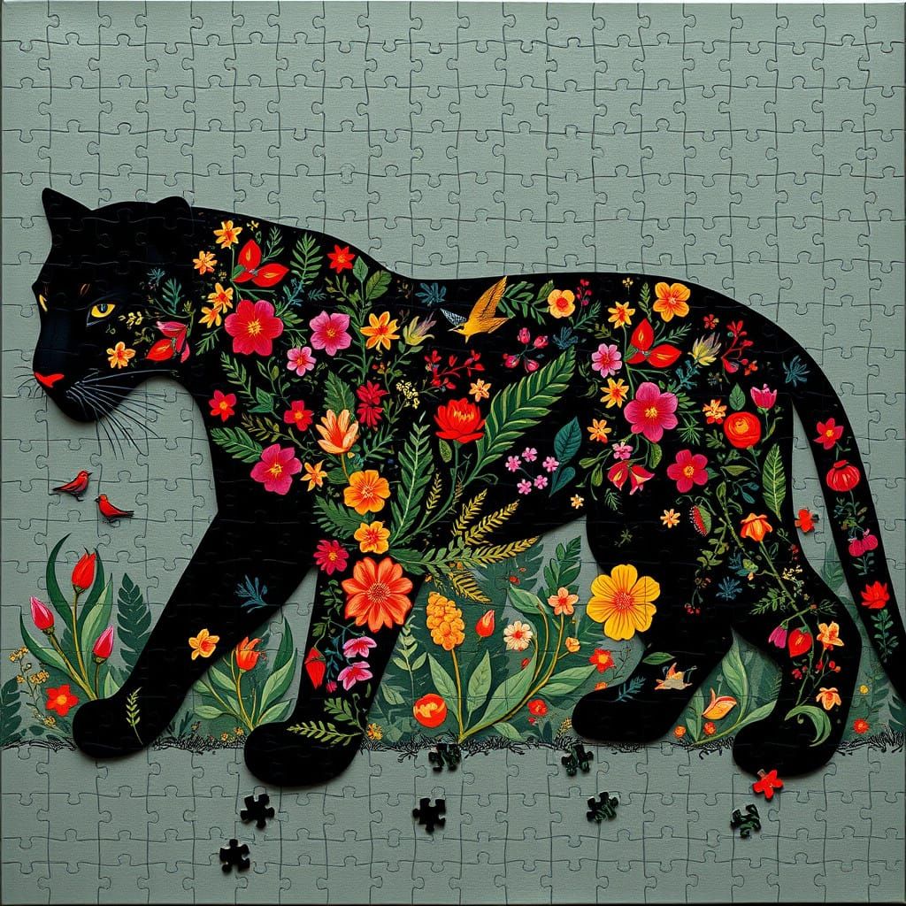 Majestic Black Panther in Folk Art-Inspired Jigsaw Puzzle