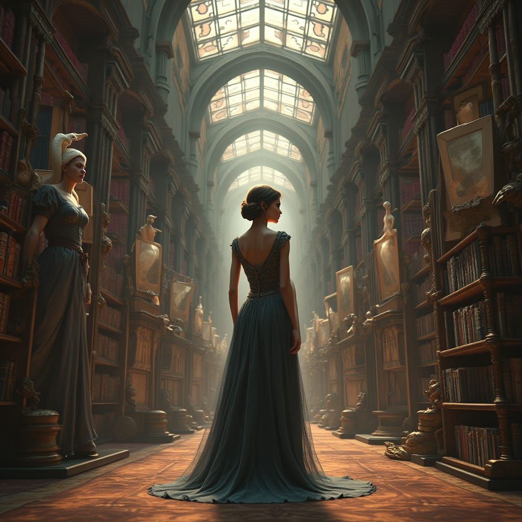 Woman in Library Mirrors Reflecting Time Periods