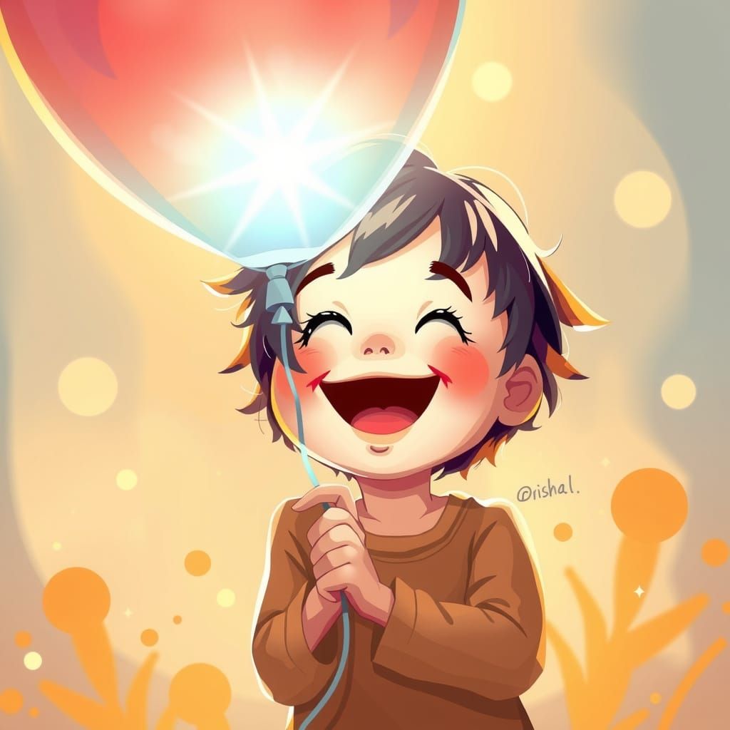 Joyful Child Laughing With Glowing Balloon in Golden Hour Li...
