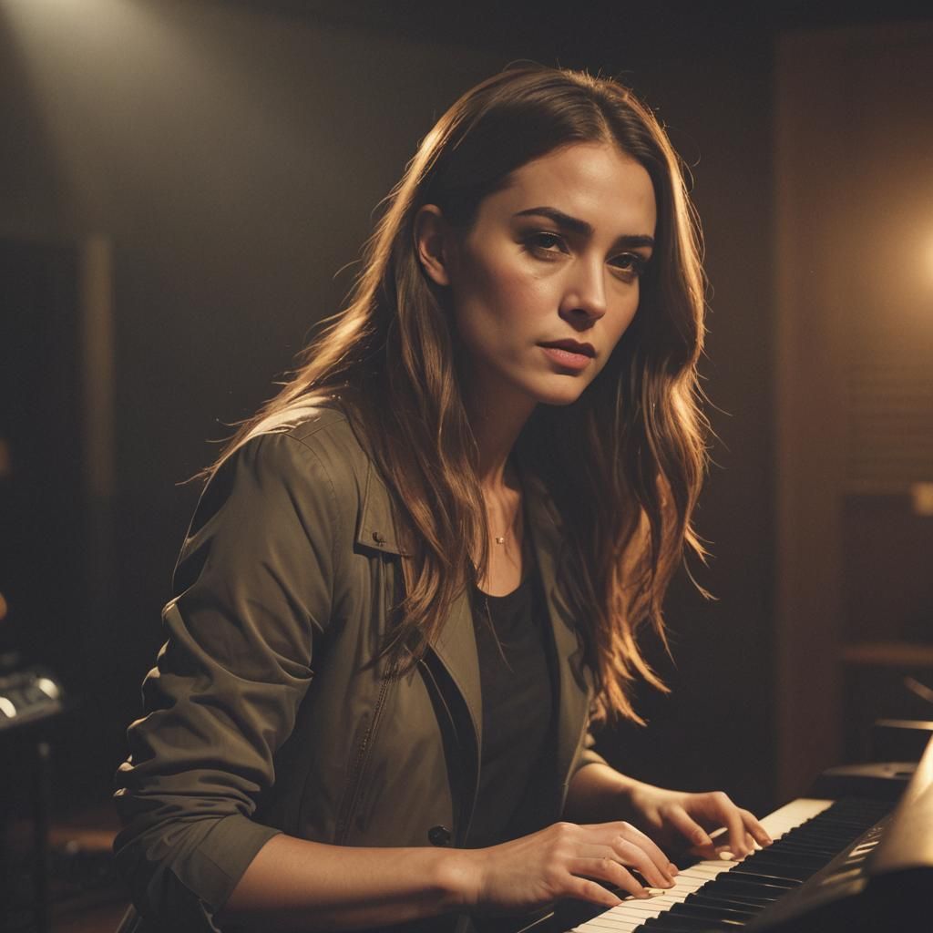 Woman Plays Keyboard in Moody Recording Studio