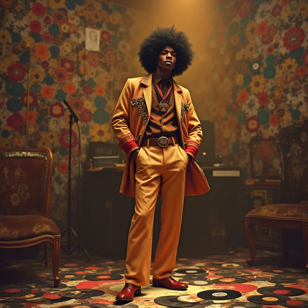 Soul Singer in Golden Moment with Vinyl Records