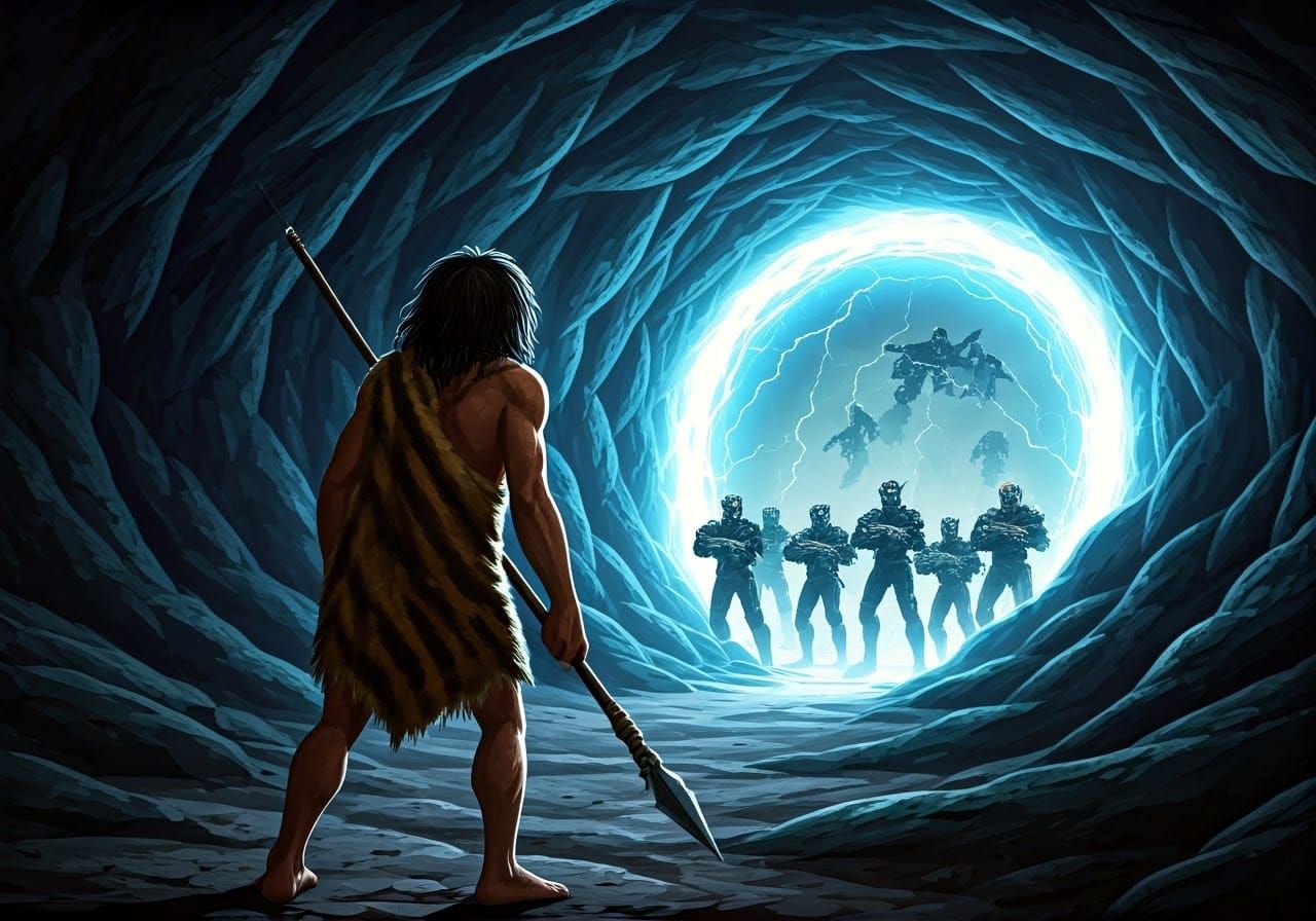 Caveman Meets Futuristic Squad in Energy Portal