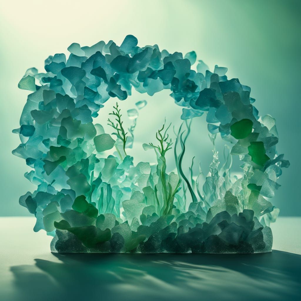 Intricate Sea Glass Sculpture of Ethereal Underwater Scene