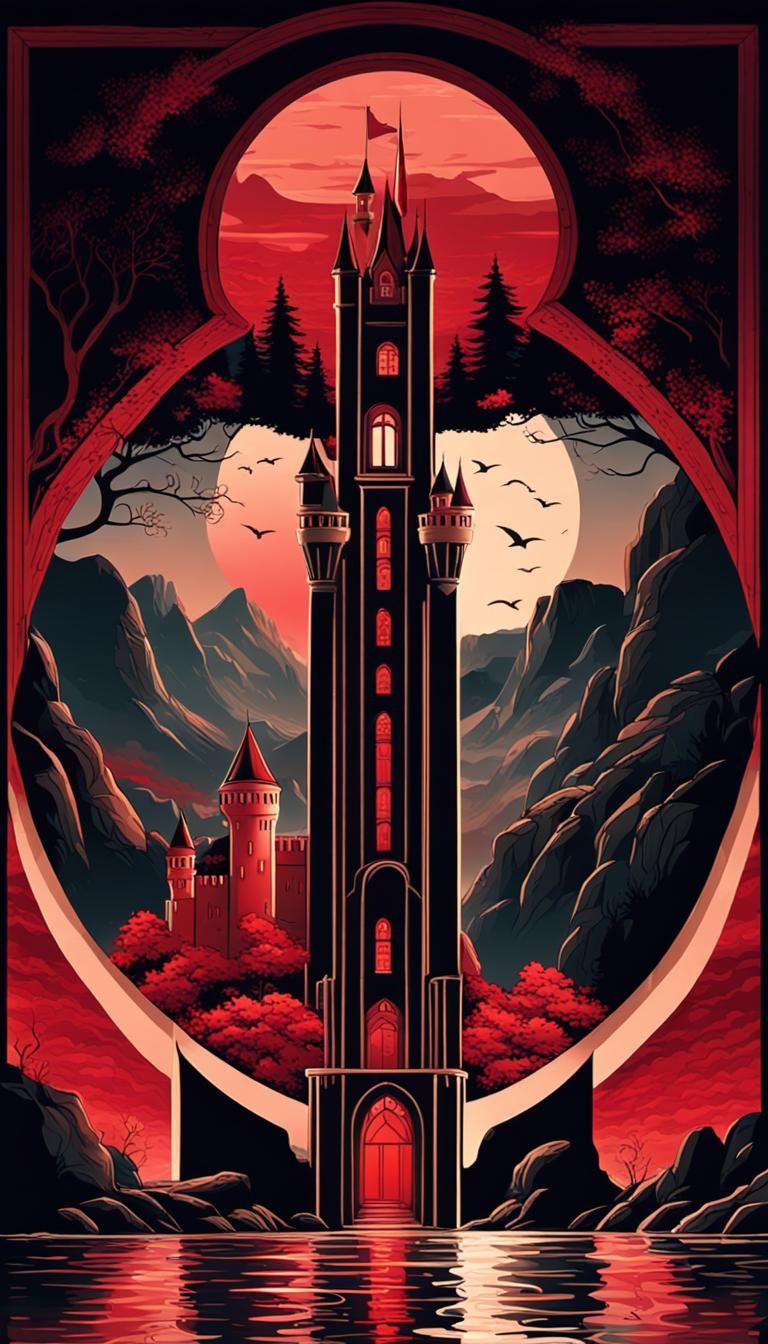 Castle on Rock Near Shore in Red Shades