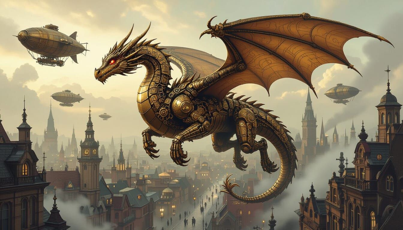 Steampunk Dragon Soars Over Victorian Cityscape