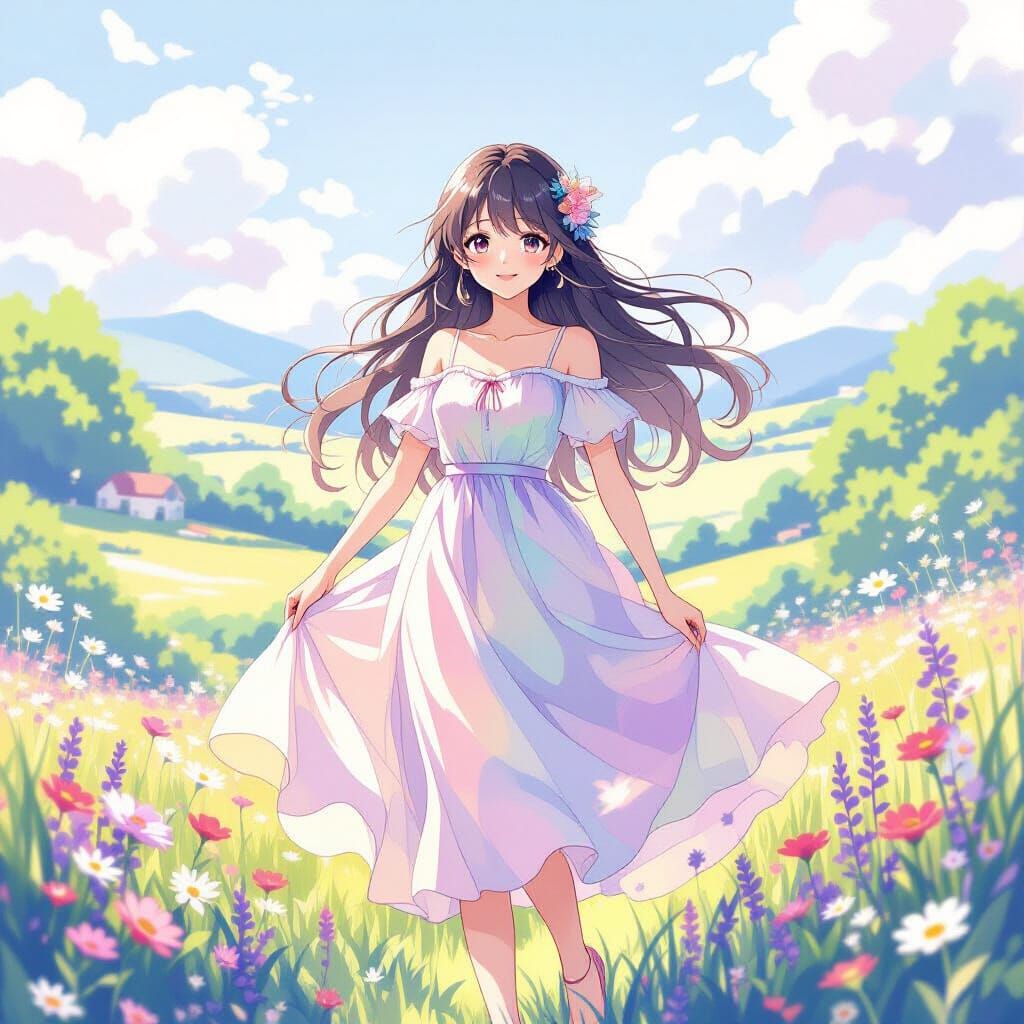 Anime Girl in Fantasy Landscape, Dreamy Watercolor Style