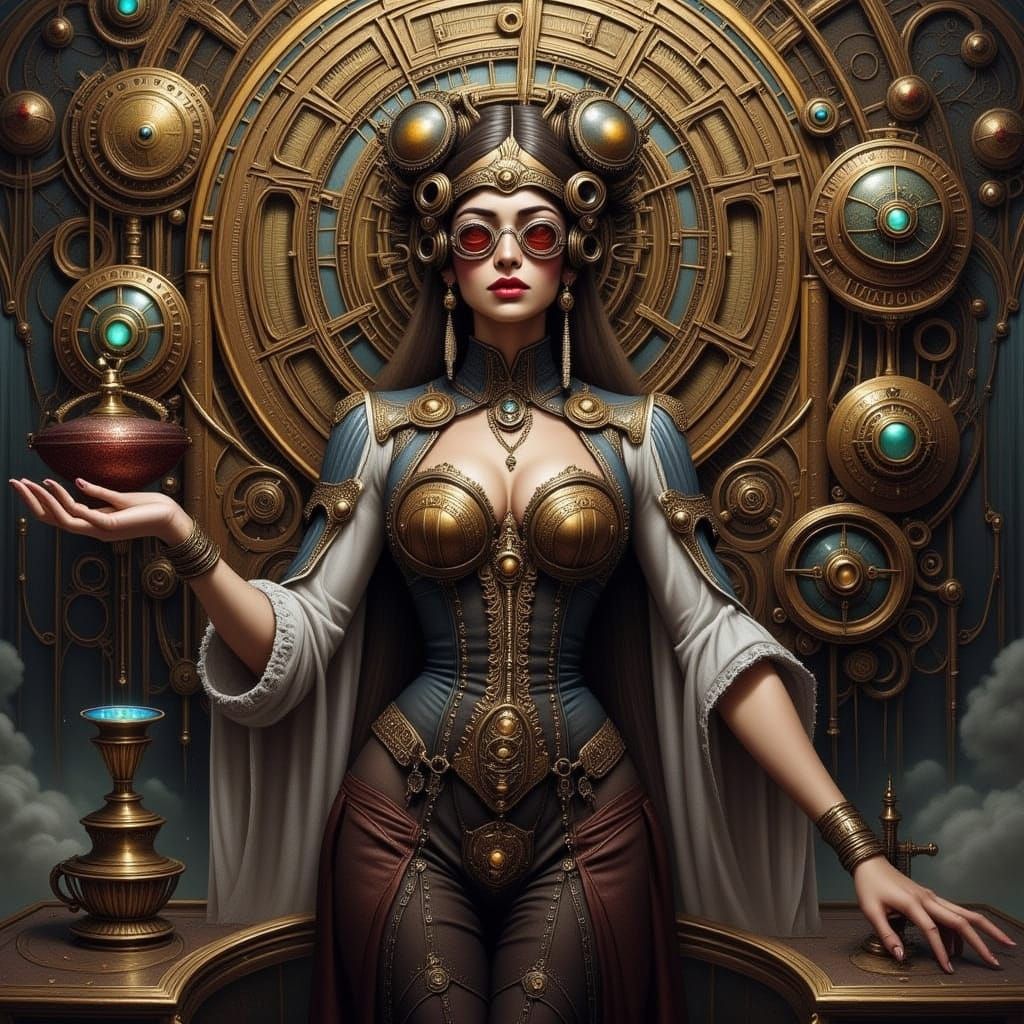 Steampunk Sorceress Casting Spell Amidst Clockwork