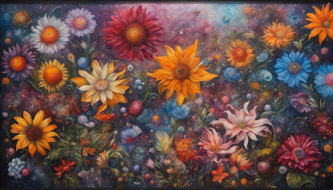 Vibrant Cosmic Flowers in Oil Painting Style