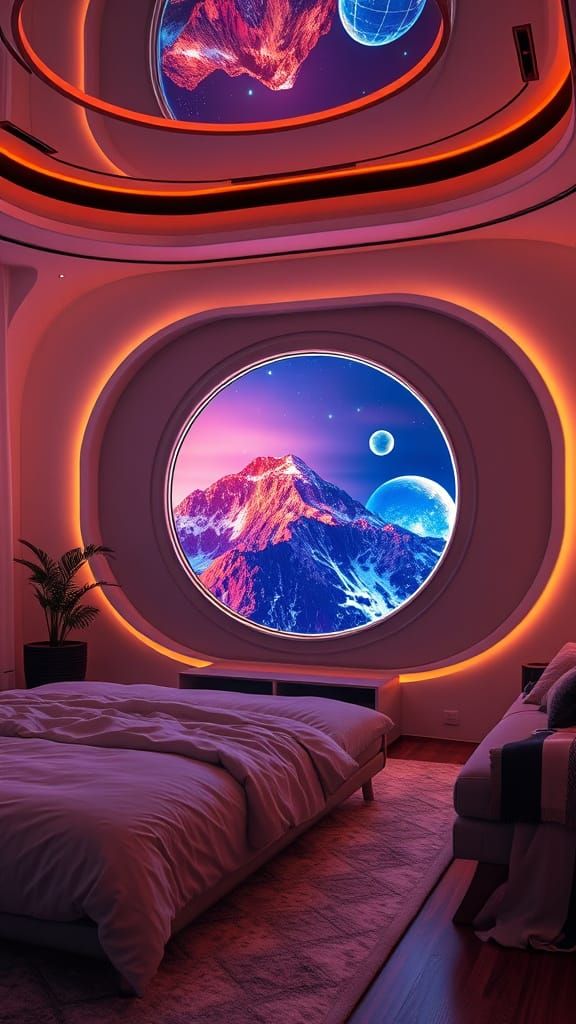 Futuristic Circular TV in High-Tech Bedroom
