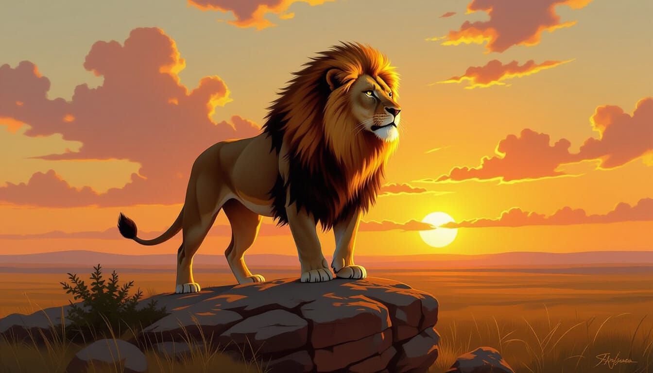 Majestic Lion with Mane of Fire in Oil Painting Style