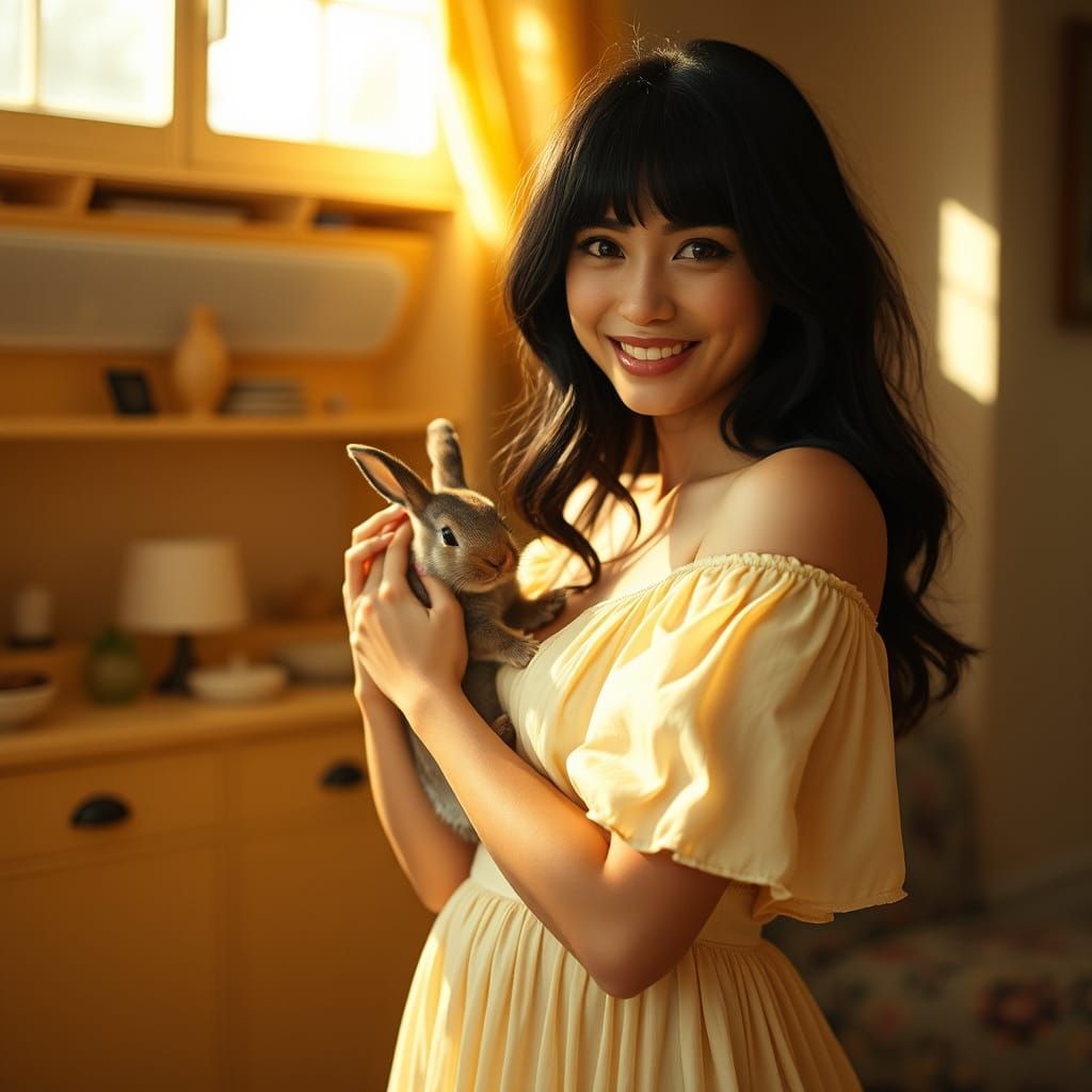 Woman with Rabbit in Golden Sunlight