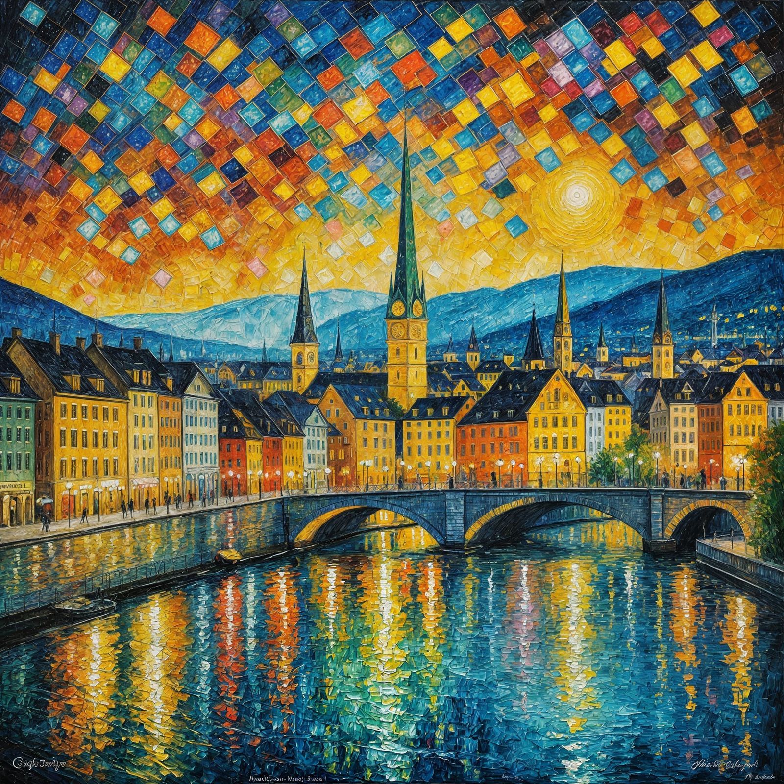 Zurich at Night in Expressionist Neo-Impressionism