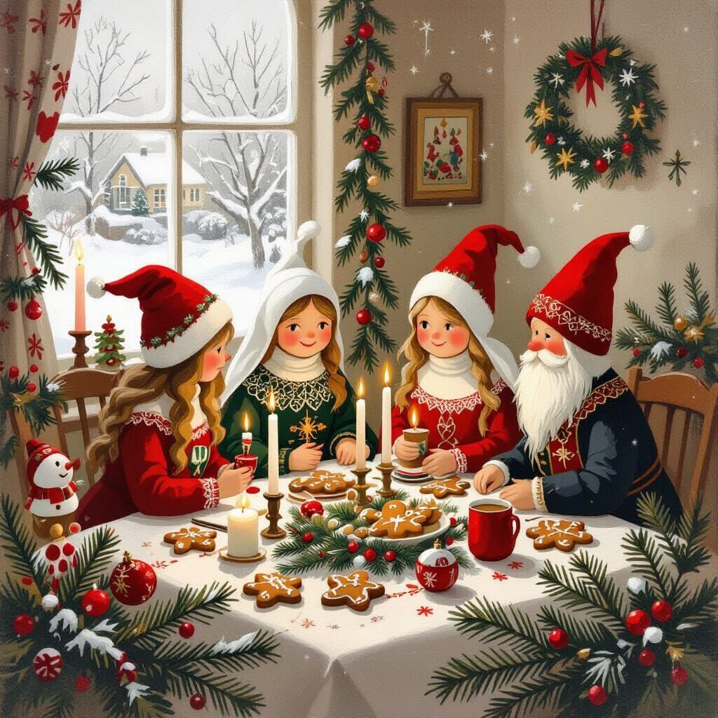 Cozy Swedish Christmas Scene with Lucia and Tomte