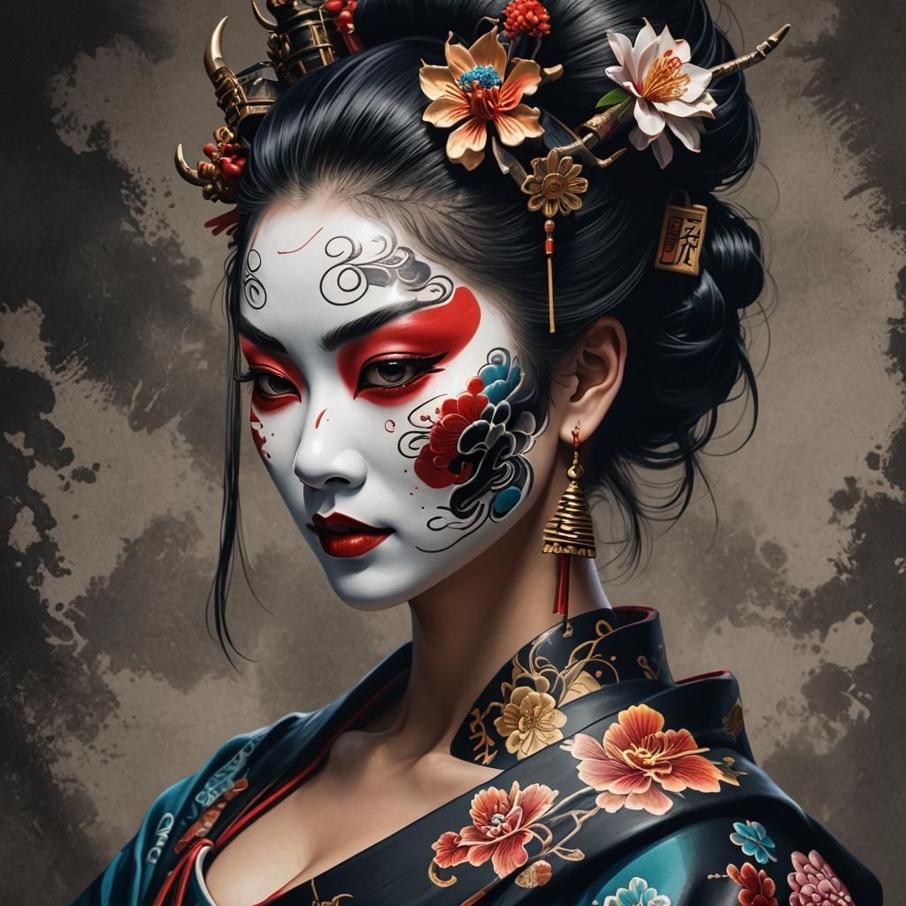 Geisha with Oni Mask: Detailed Digital Illustration