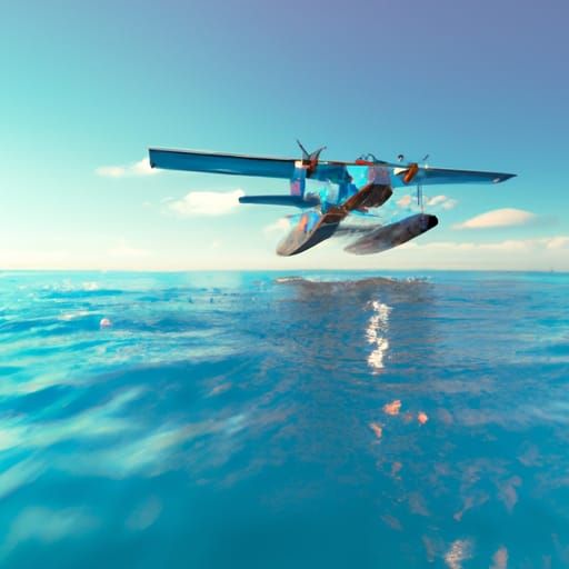 Blue Seaplane Ascends Over Serene Ocean