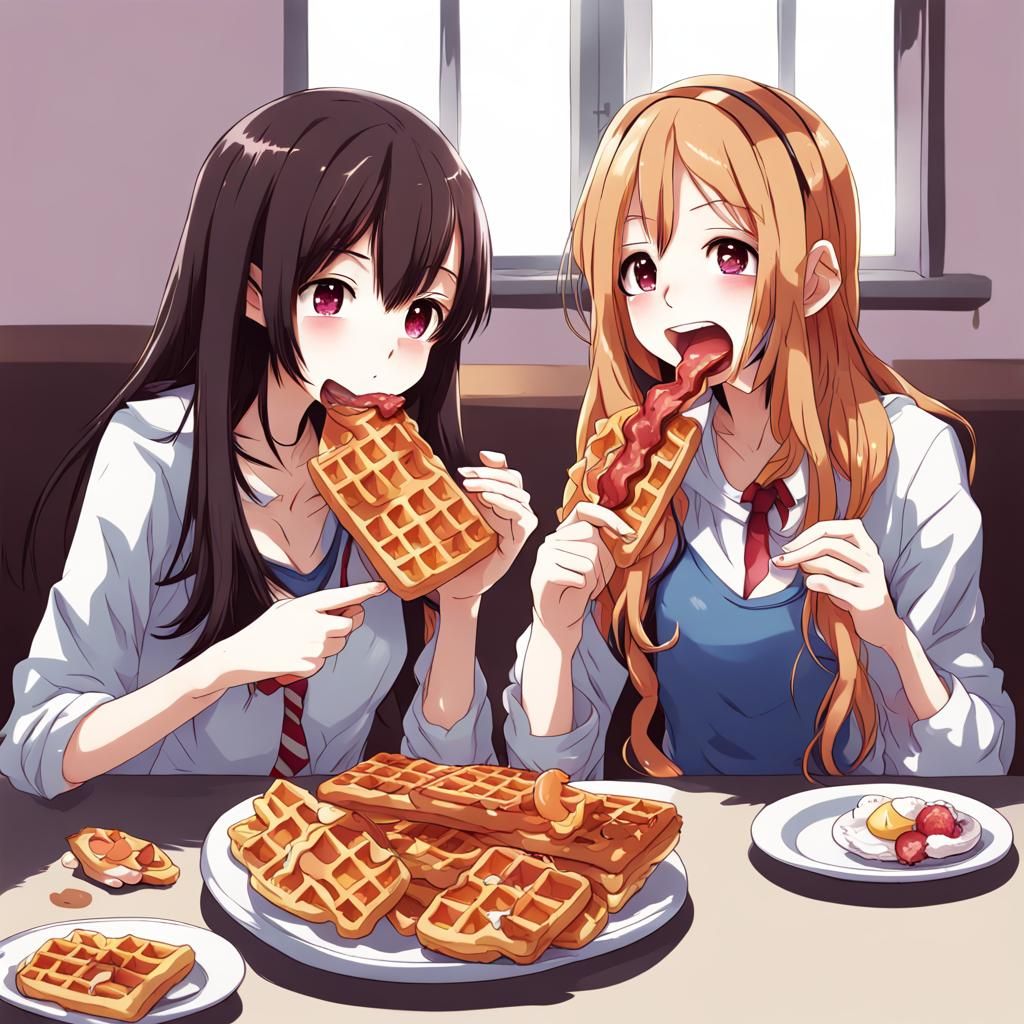 Anime Style: Girls Eating Bacon and Waffles