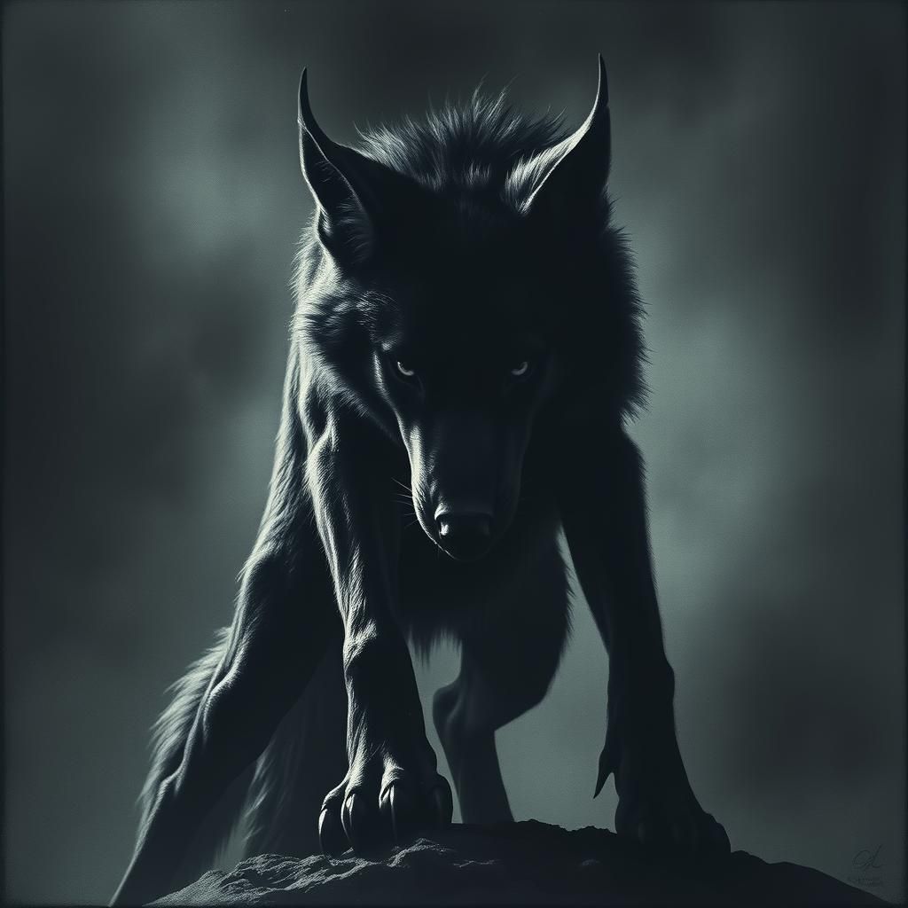 Dramatic Charcoal Wolf Creature in Cinematic Lighting