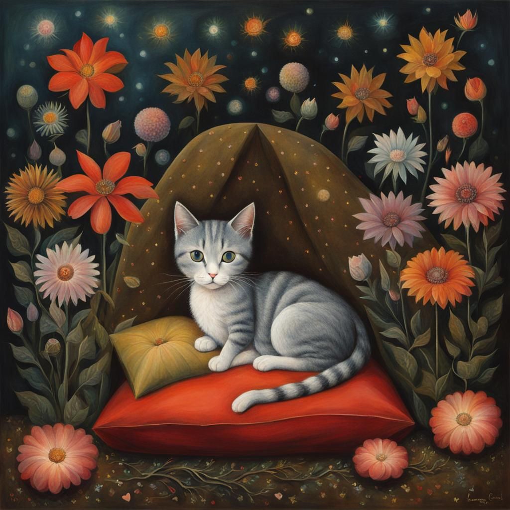 Cat Surrounded by Flowers in Surrealist Style