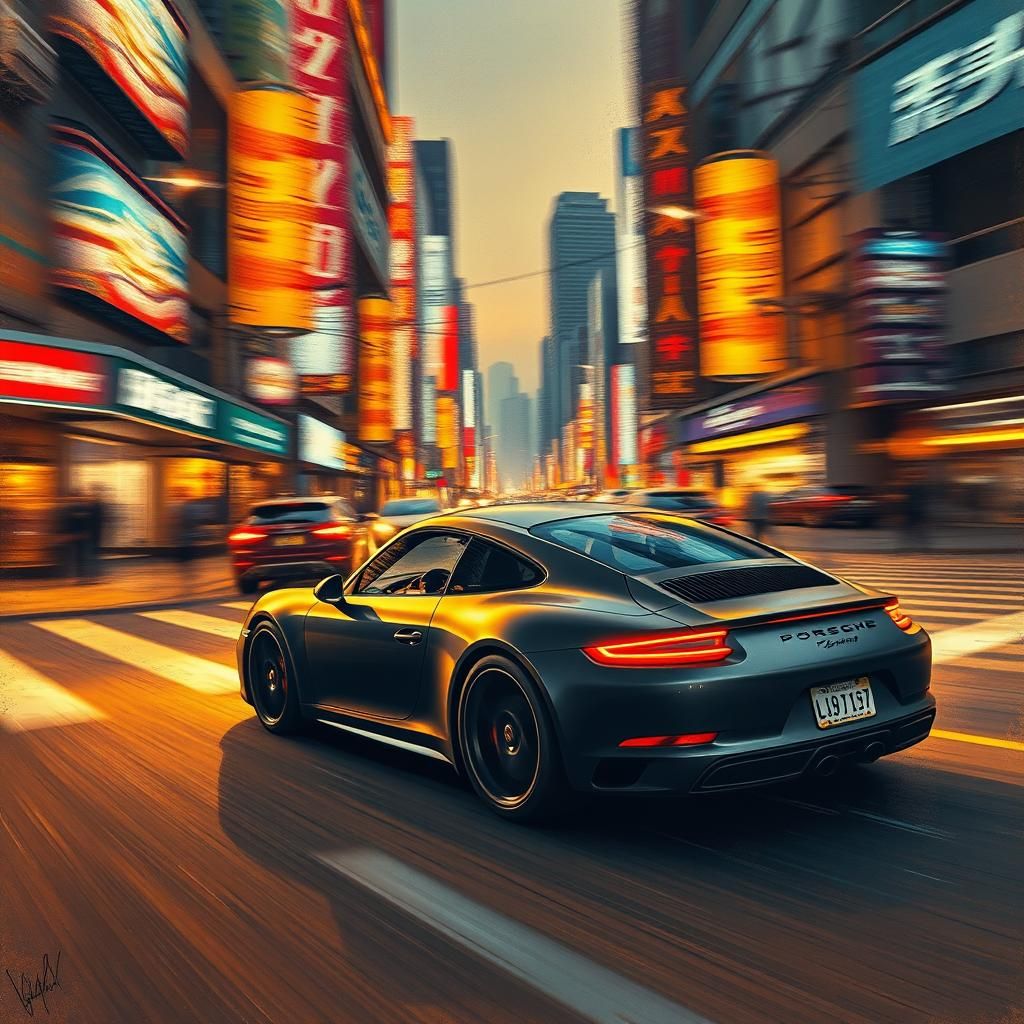 Porsche 911 Speeds Through Seoul: Hyperdetailed Charcoal Art