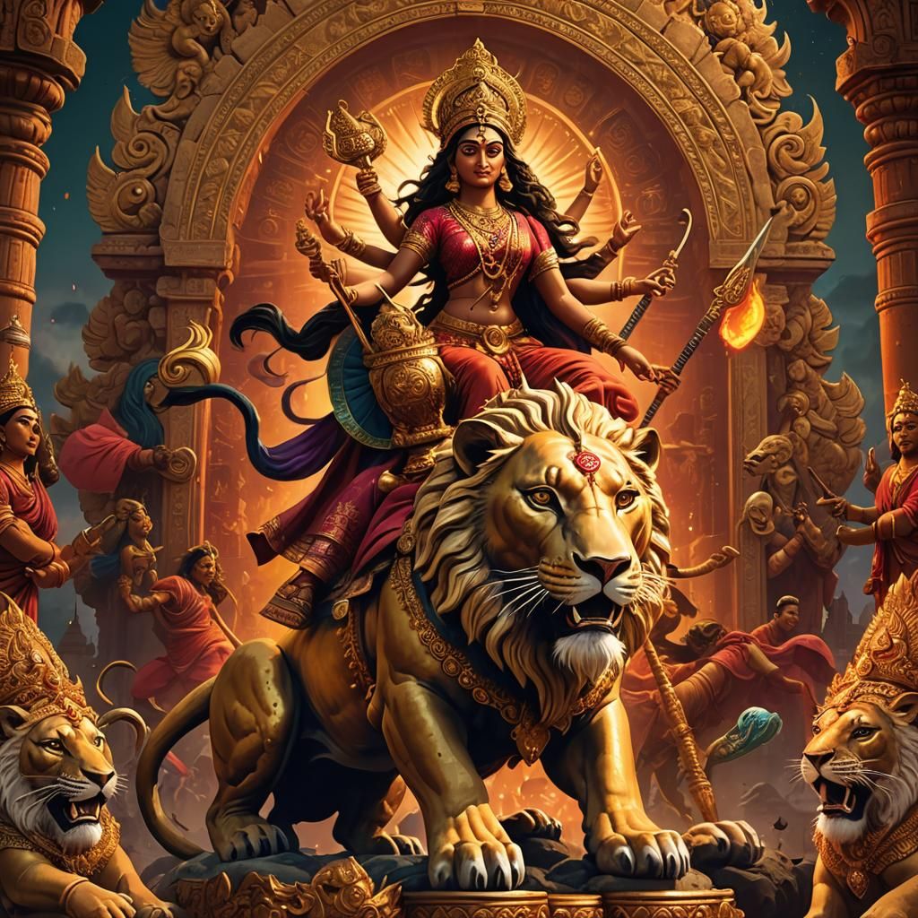 Goddess Durga Riding Lion: Fantasy Concept Art