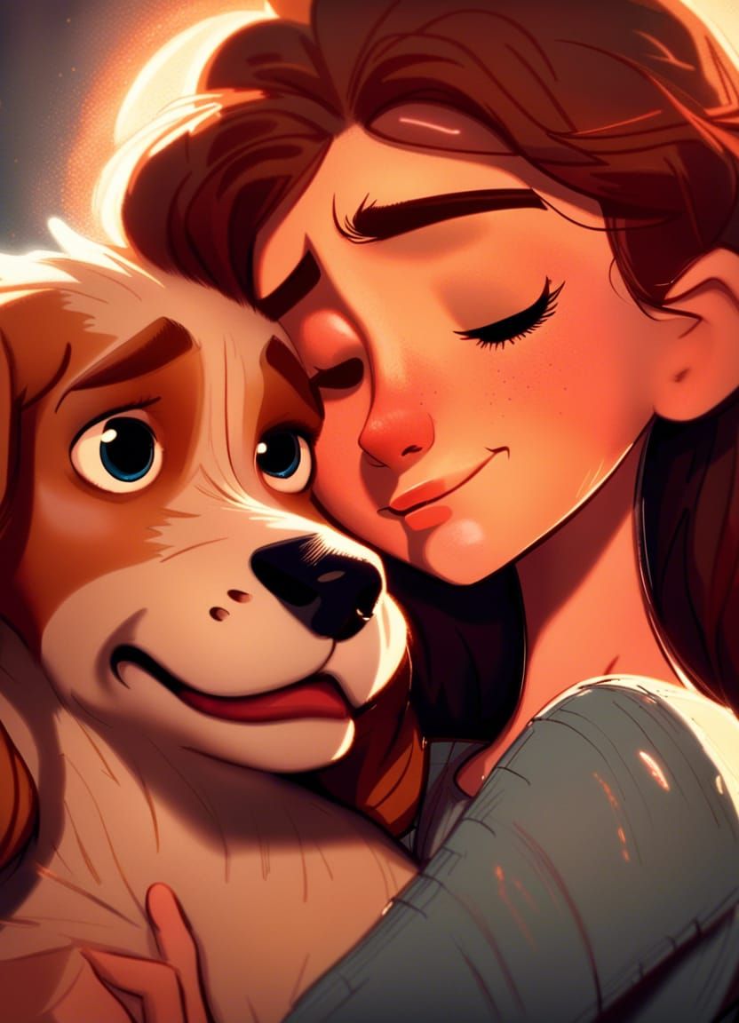 Girl Hugging Dog with Tears: Pixar-Style Art
