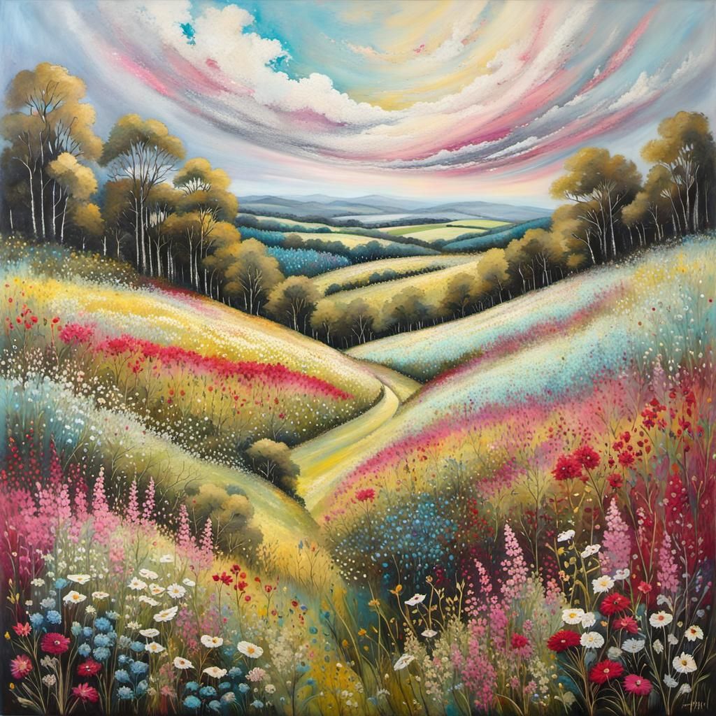 Encaustic Meadow Landscape with Wildflowers