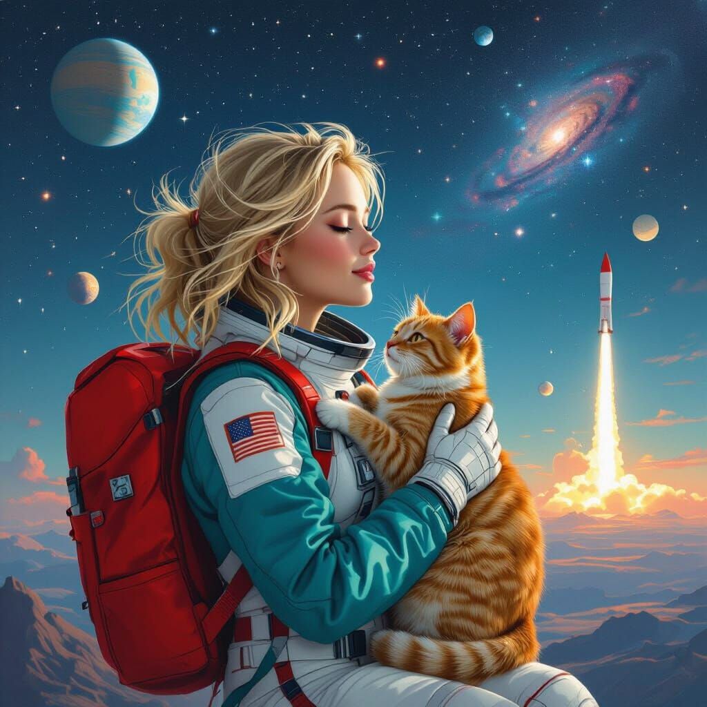 Astronaut with Cat Gazing at Starry Sky