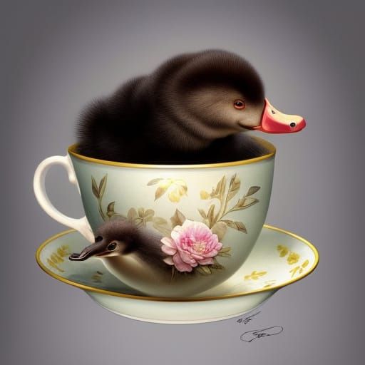Cute Platypus in Teacup: Hyperrealistic Digital Art
