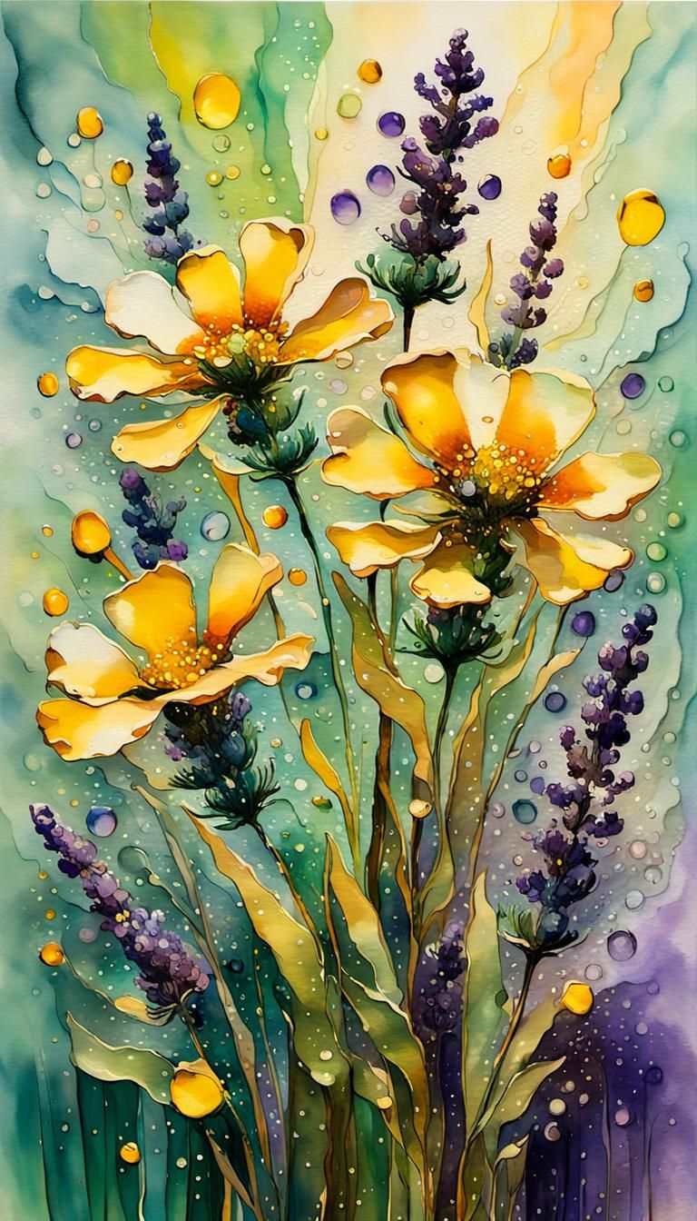 Abstract Alcohol Ink Splatter Light Sage Green Yellow, Flowe...