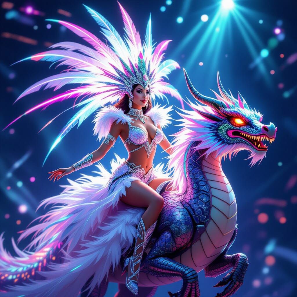 Showgirl Rides Dragon in Futuristic Neon Style