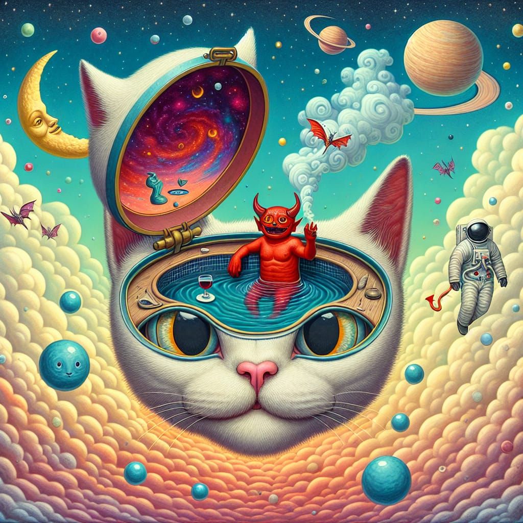 Surreal Cat Head Hot Tub with Demon, Dreamlike Illustration