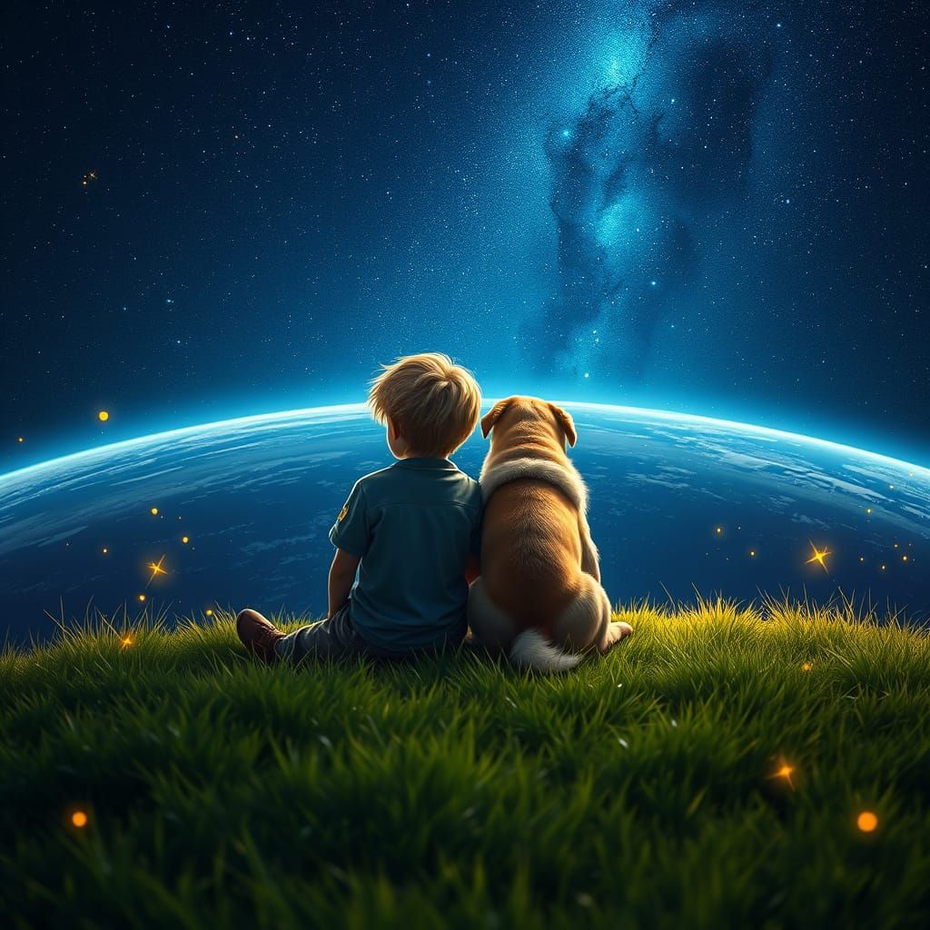 Idyllic Boy and Dog Duo Gaze Out at Starry Horizon